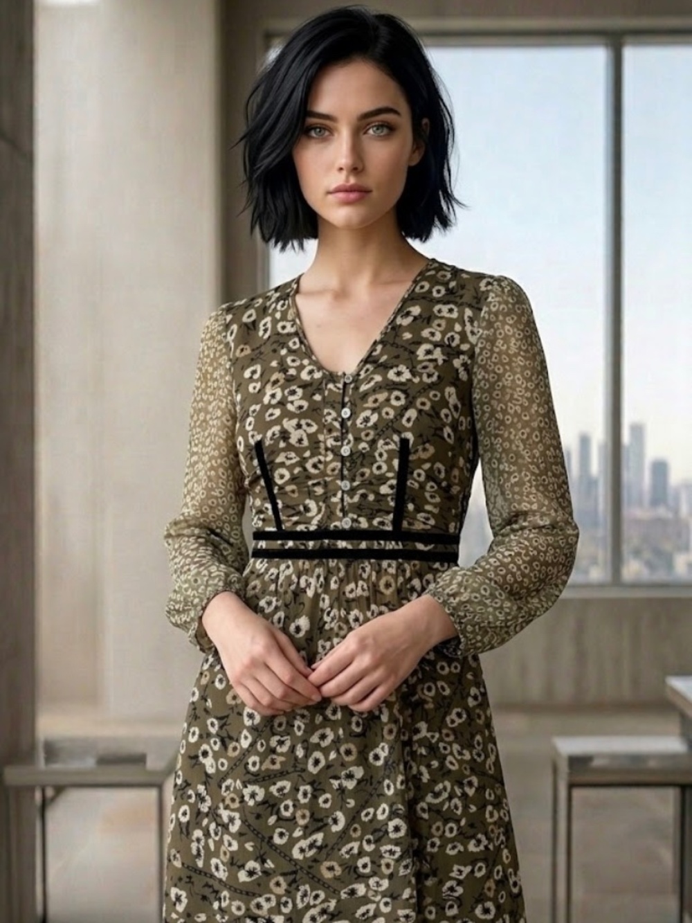 Burberry Brit Green Floral 100% Silk Mixed Print Lace Trim Midi Dress 6 / 38